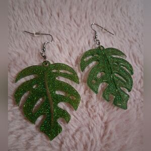 Christmas Green Leaf Glitter Dangle Earrings, Leaf Earrings,